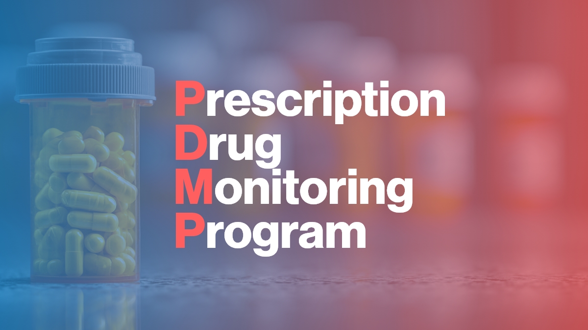 Image of some RX bottle and a sign saying Prescription Drug Monitoring Program