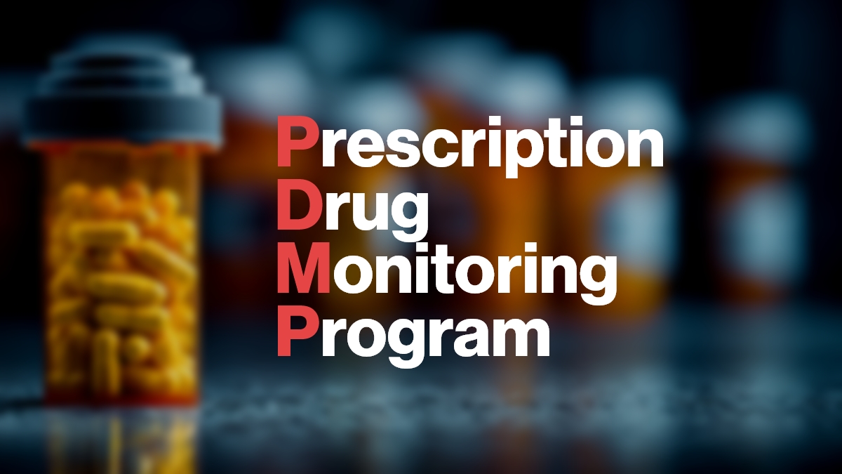 Image of some RX bottle and a sign saying Prescription Drug Monitoring Program